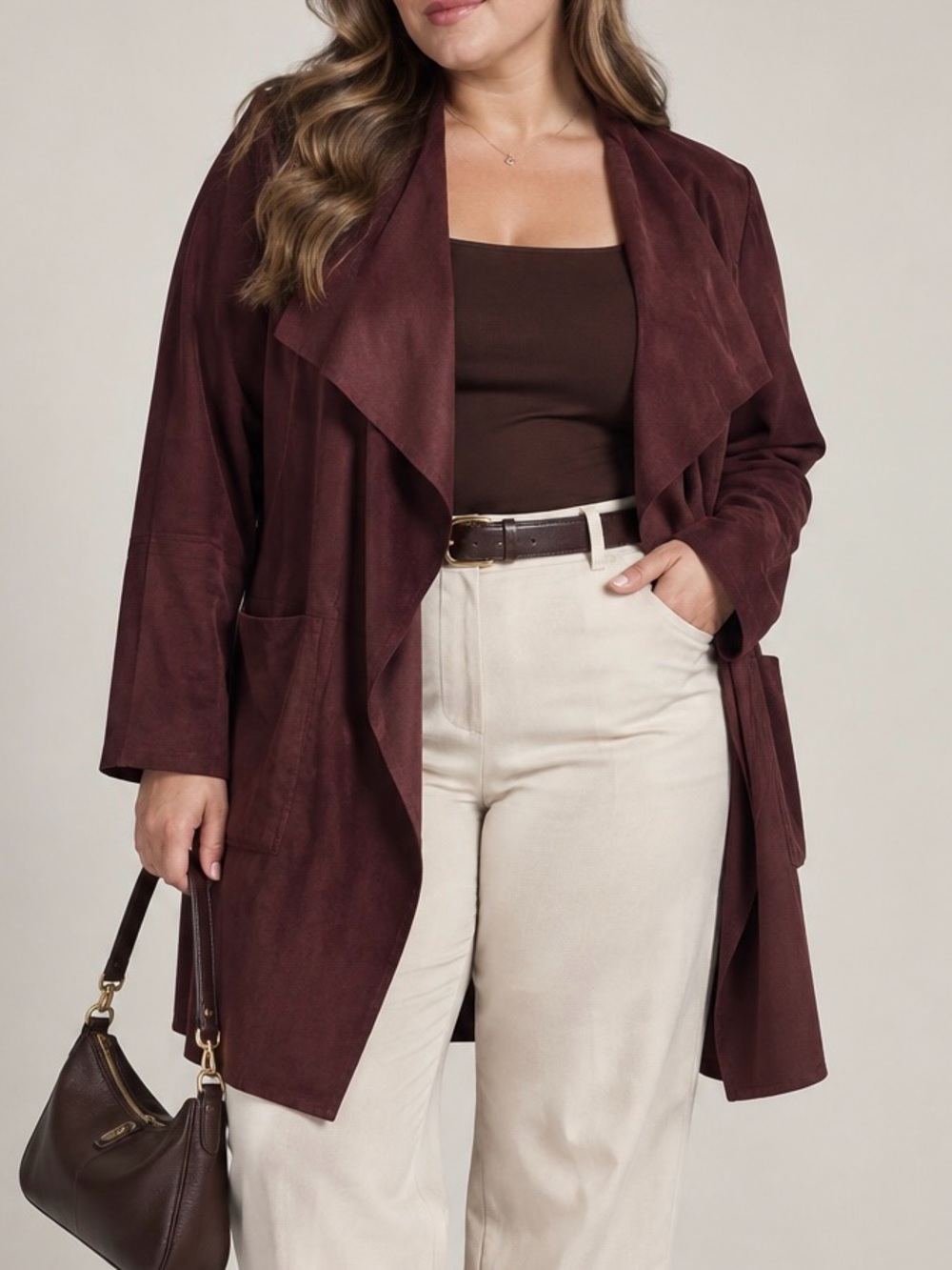 Max Studio Burgundy Draped Open-Front Trench Coat